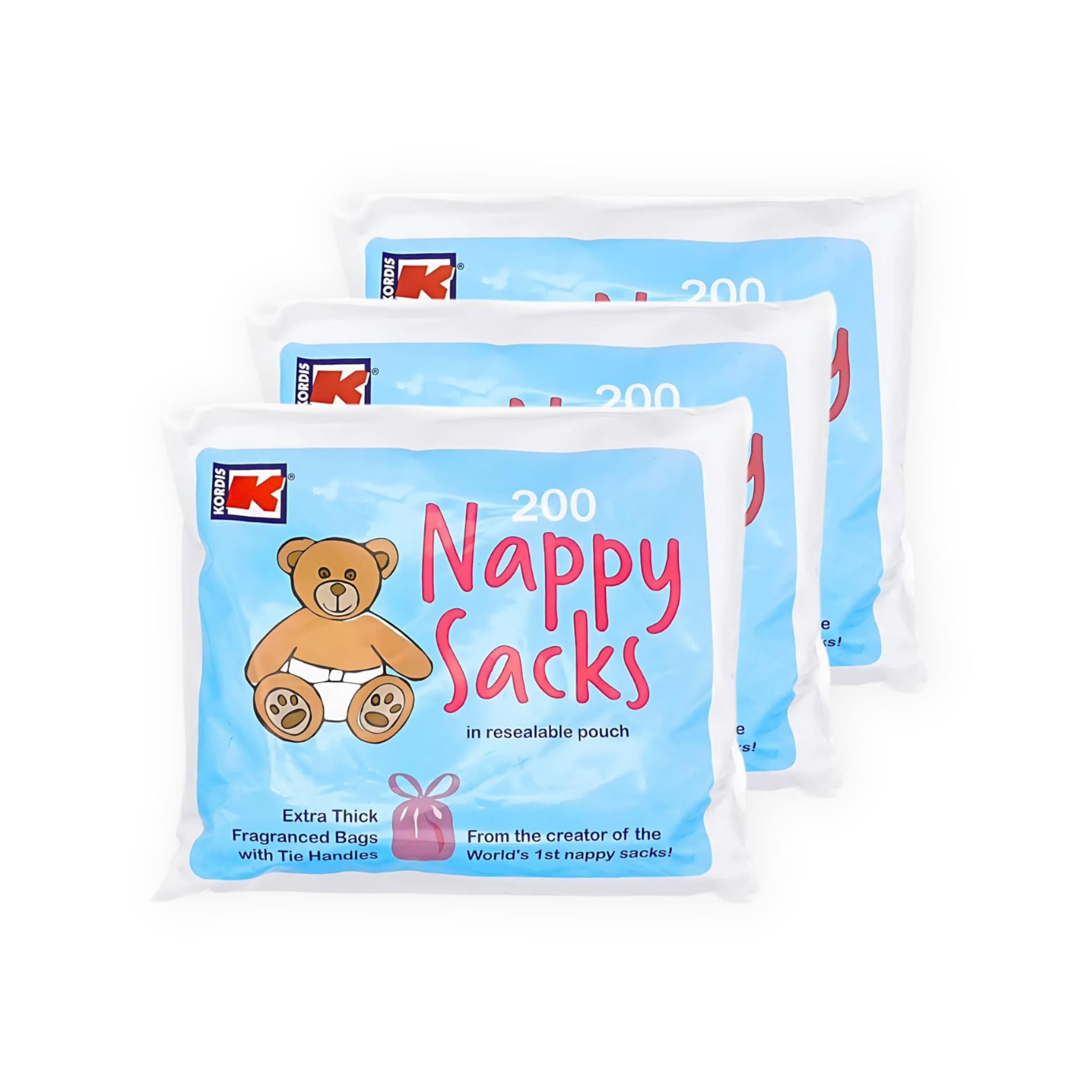 Kordis fragranced recyclable nappy sacks with easy tie handles providing freshness hygiene and confidence with every use